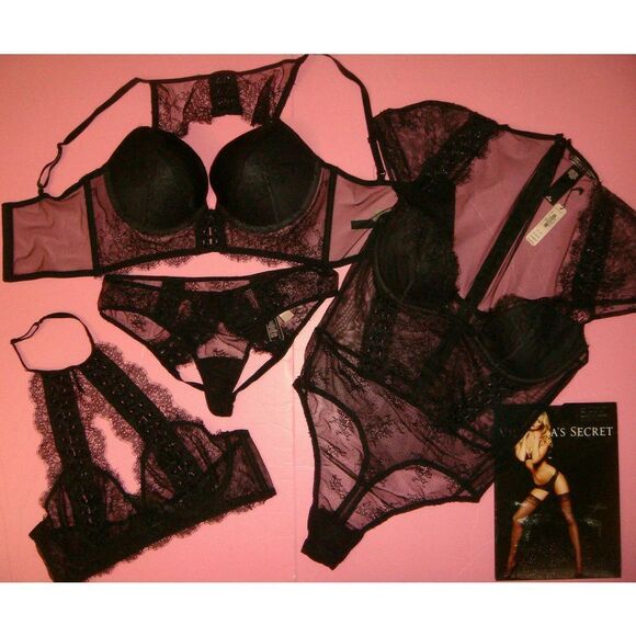 Victoria's Secret high-neck 34C BRA SET S panty+M BRALETTE+TEDDY Black mesh lace